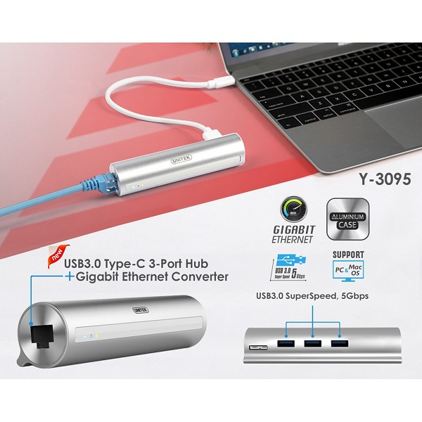 Bộ chia USB Type-C ra 3 cổng USB 3.0 Unitek Y-3095 sang Lan Gigabit